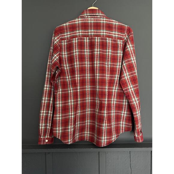 Woolrich Red Green White Plaid Pearl Snap Button Cotton Blouse Shirt Size Medium - Picture 8 of 10